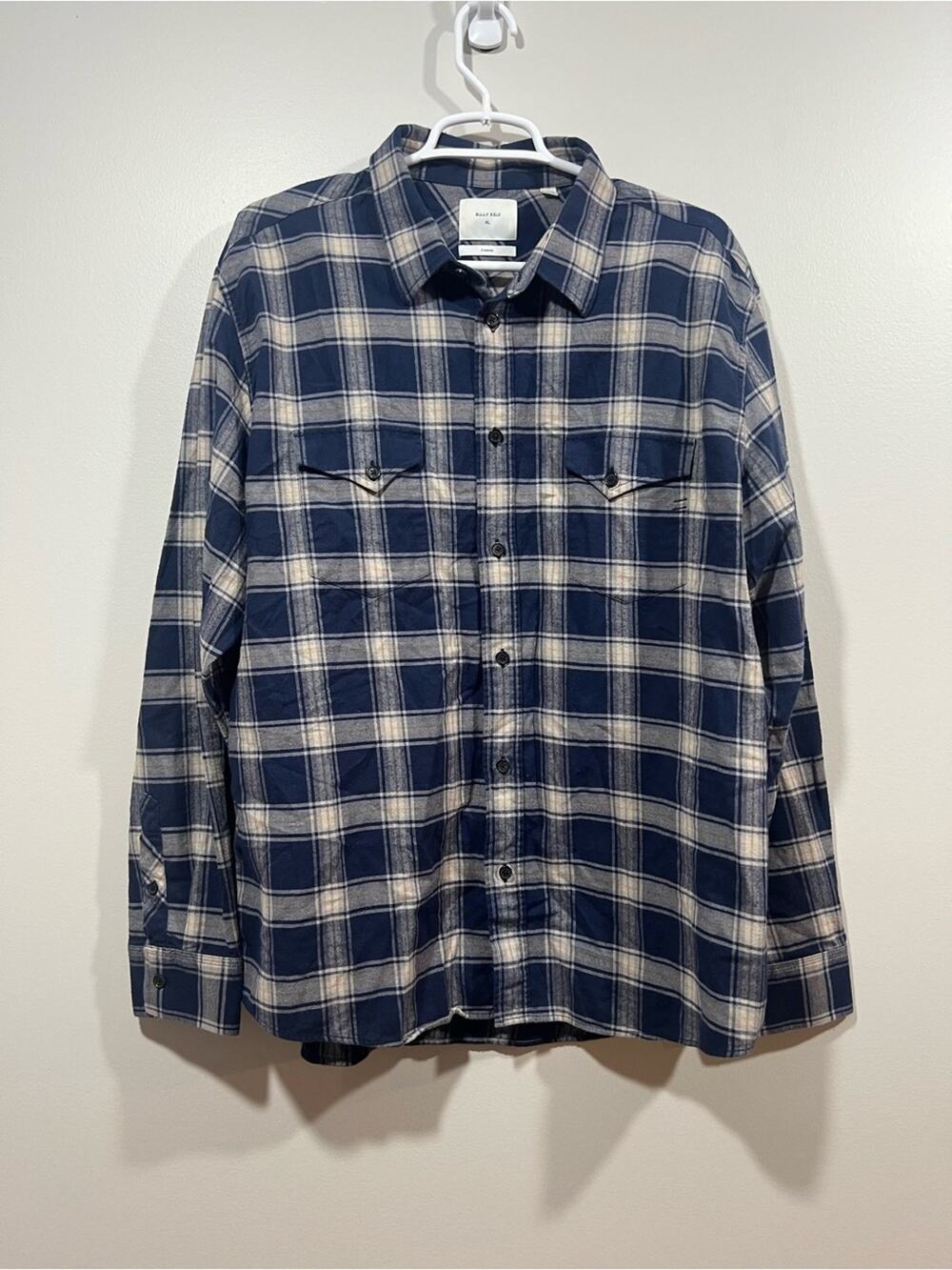 Billy Reid Navy and Cream Plaid Button-Down Shirt Size XL